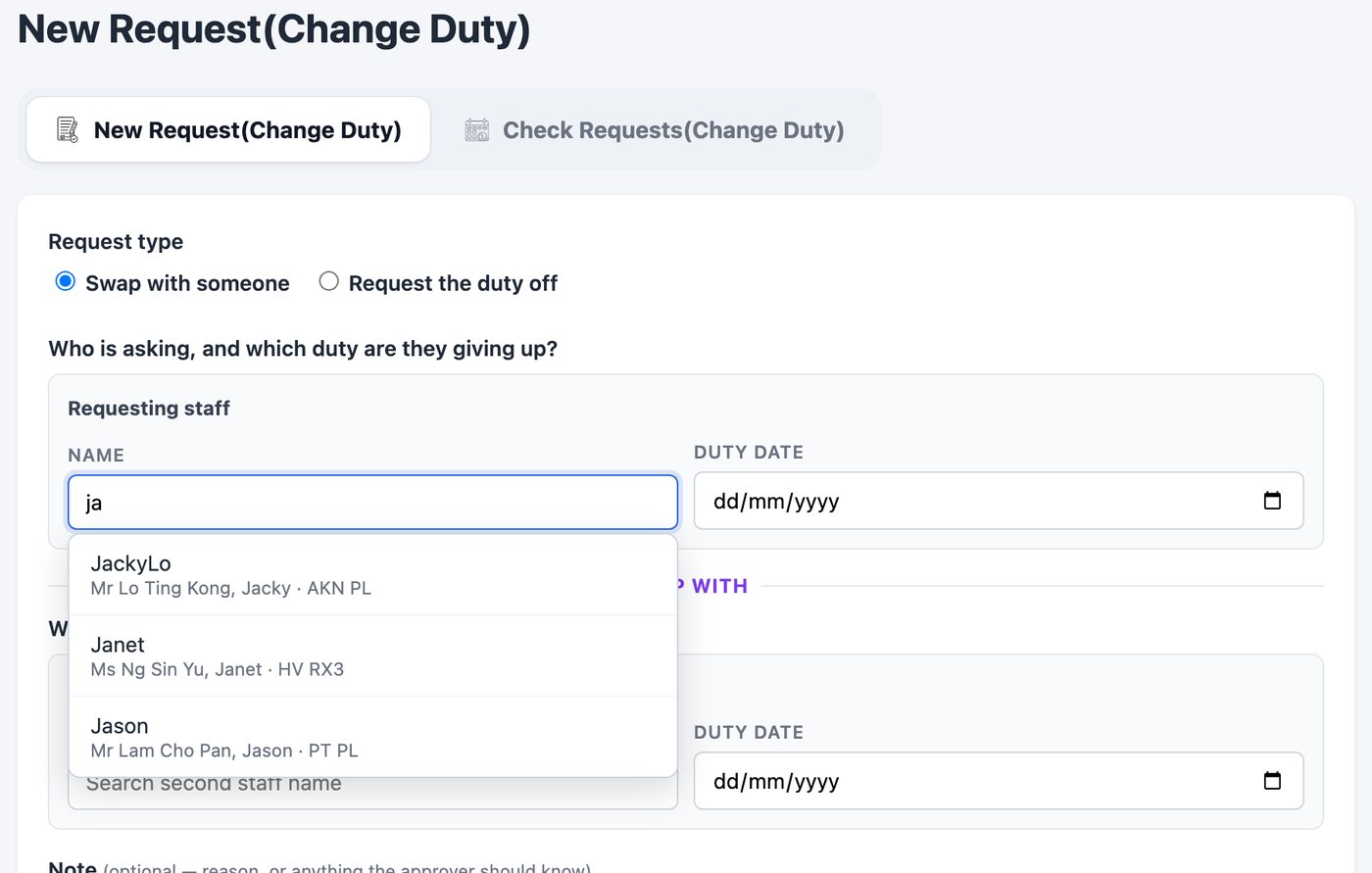 The name box suggests as you type. Pick from the list: it fills in the nickname the roster knows the person by.