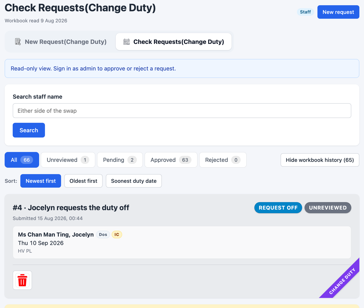 Check Requests: the status tabs, the search box, and the bin that cancels a request that has not been decided yet.