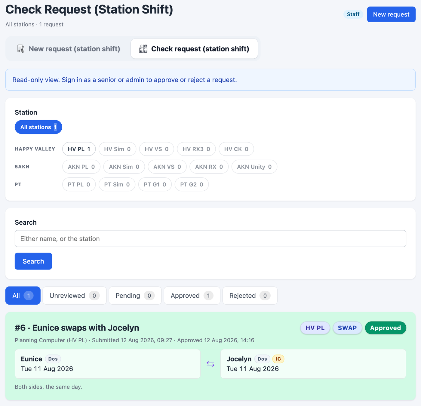 Check request (station shift) — the same list, one station at a time.